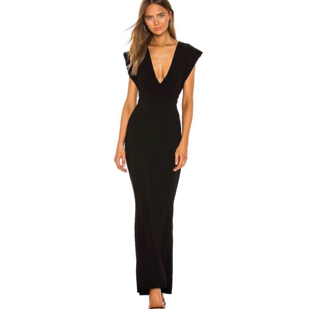 Norma Kamali V Neck Rectangle Gown in Black $250 MSRP Classic Evening Dress S/36